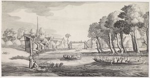 Zwei Ruderboote auf einem Fluss bei einem Dorf von Jan van de Velde (II)