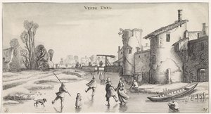 Winterlandschaft mit Schlittschuhläufern bei einer Stadtmauer von Jan van de Velde (II)