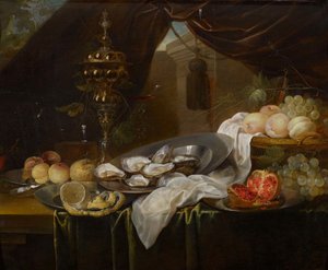 Stillleben mit goldener Tasse, Façon de Venise Glaswaren, Früchten und Austern