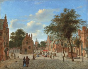 Ansicht eines Stadtplatzes mit einer Prozession während des Fronleichnamsfestes und Figuren, die vor der Hostie knien, um 1637-1712 von Jan van der Heyden