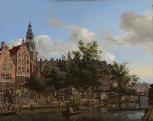 Ansicht von Oudezijds Voorburgwal mit der Oude Kerk in Amsterdam, um 1670 von Jan van der Heyden