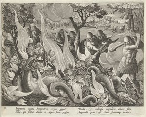 Schlangenfangen in Indien mit Keulen und Fackeln zur Beleuchtung des Unterholzes, veröffentlicht 1640 (Gravur)