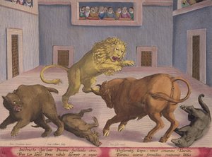 Adlige beobachten den Kampf von Wildtieren in einem Indoor-Zirkus, Platte 12 aus 