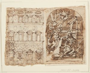 Seite eines Skizzenbuchs; Erhebung des Palastes, Verkündigung, Letztes Abendmahl von Jan van der Straet, called Stradanus