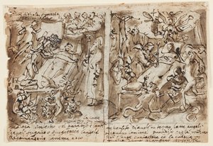 Seite eines Skizzenbuchs; Himmlische Mächte helfen Frommen; Skizze für Porträt eines Heiligen; Dekoration des Giebels
