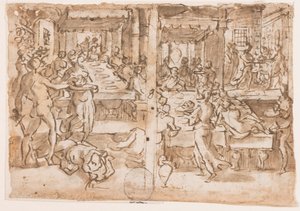 Rechts: Enthauptung von Johannes dem Täufer, Links: Salome erhält den Kopf von Johannes dem Täufer vom Henker, Entwurf für pl.10 im Leben von Johannes dem Täufer (Detail)
