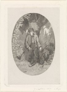 Mann bei einem Baum im Wald von Jan van der Veen (prentmaker)
