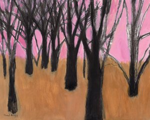 Landschaft mit schwarzen Bäumen und rosa Himmel, 2023