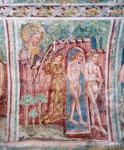 Hrastovlje befestigte Kirche, Dreifaltigkeitskirche, Adam und Eva aus dem Paradies vertrieben (1490), Detail aus Fresken von Janez Iz Kastva, Slowenien