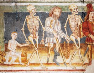Hrastovlje befestigte Kirche, Dreifaltigkeitskirche, Tod begleitet Kind und Arme, Totentanz (1490), Detail aus Fresken von Janez Iz Kastva (1490), Slowenien