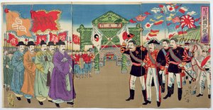 Ein Treffen zwischen japanischen Offizieren und koreanischen Beamten, eine Episode aus dem Chinesisch-Japanischen Krieg, späte 19. Jahrhundert