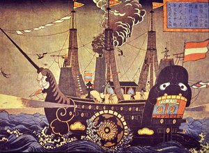 Amerikanisches Seitenraddampfschiff von 1853, gemalt von einem erstaunten japanischen Künstler von Japanese School