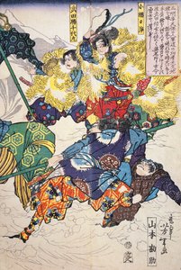 Schlacht im Schnee zwischen Männern in Pelzmänteln von Japanese School