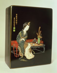 Schreibkasten im chinesischen Stil, mit dem grünen Töpferstempel von Ritsuo (Lack mit Elfenbein, Keramik, Perlmutt und Schildpatt)