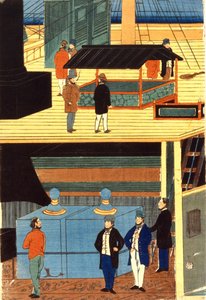 Querschnitt eines europäischen Schiffes zeigt Männer in europäischer Kleidung auf dem Deck und Männer auf dem unteren Deck: Yokohama, Japan