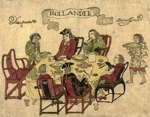 Niederländische VOC-Mitarbeiter werden von javanischen Dienern in Deshima bedient, 1790-1810