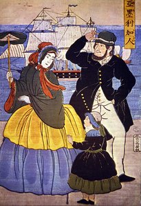 Europäische Familie an der Hafenfront von Yokohama, gemalt von einem japanischen Künstler im Jahr 1861 von Japanese School