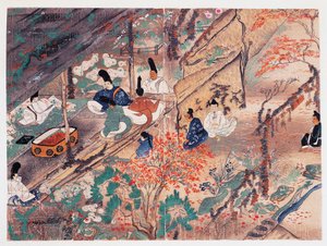 Heian-Politiker und Dichter Sugawara Michizane, bekannt als Tenjin-San (Himmlischer Geist), im Exil im Kitano Tenman-Gu-Schrein in Kyoto, verteilt Kleidung, die von einem ehemaligen Kaiser gespendet wurde, Kamakura-Periode, Japan