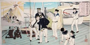 Japanische Matrosen bewundern ihr Adler-Maskottchen, eine Episode aus dem Chinesisch-Japanischen Krieg, späte 19. Jahrhundert von Japanese School