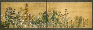 Japanische Kunst: Paravents mit Blumenmotiven. Stil der Rimpa-Schule (1596-1615). Malerei auf Seide. Private Sammlung