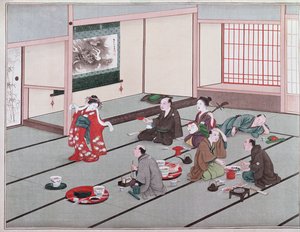 Japaner essen, trinken und werden im Teehaus unterhalten