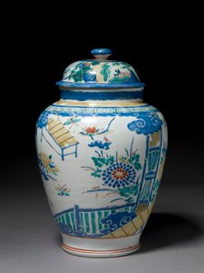 Krug mit zugehörigem Deckel, ca. 1660-80 (Porzellan mit Überglasur Emaille)