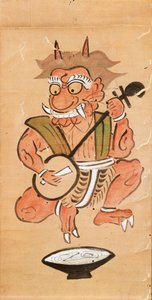 Kakemono, das einen Teufel zeigt, der Shamisen spielt