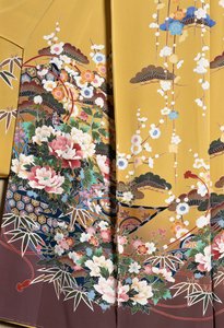 Kimono Furisode (weite Ärmel), getragen von jungen unverheirateten Frauen bei eleganten Anlässen und Maiko (Geisha-Schülerin), glatte Seide, Blumenmotive, schwebende Bänder, Kaga-Yuzen-Färbung, Tokamachi-Webereien, japanische Zivilisation, 20. Jahrhundert