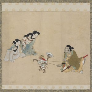 Affenführer und Affe, die einen Tanz aufführen, Edo-Periode von Japanese School