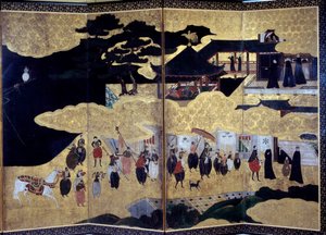 Namban Byobu-Schirm genannt „Portugiesisch“: Darstellung der Ankunft portugiesischer Jesuitenmissionare in Japan im 16. Jahrhundert. Kano-Schule, 17. Jahrhundert. Paris, Guimet Museum, Nationalmuseum für asiatische Kunst