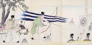 Adlige beim Bogenschießen, aus einem Album von Holzschnitten von Japanese School