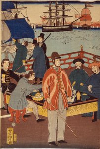 Ein Druck des Triptychons zeigt europäische Kaufleute, die mit Japanern Erfrischungen zu sich nehmen. Im Hintergrund sind Schiffe im Hafen von Yokohama, Japan. von Japanese School