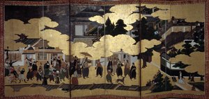 Portugiesischer Paravent: Darstellung der Ankunft portugiesischer Jesuitenmissionare in Japan im 16. Jahrhundert