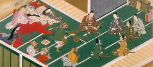 Raiko und seine Kameraden vor dem Dämonenräuber (Farbholzschnitt) von Japanese School