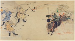 Samurai Takezaki greift mongolische Invasoren an, während Granaten über ihm explodieren, während der mongolischen Invasionen Japans 1274, Illustration aus Kokka Magazin, Mai 1921