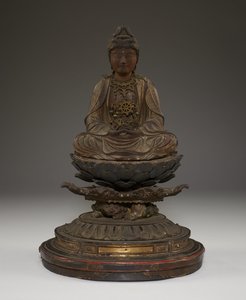 Sitzender Miroku Bosatsu (polychromiertes Holz mit Kristall, Metall und Blattgold) von Japanese School
