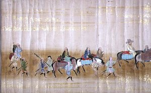 Sechste koreanische Gesandtschaft nach Japan in Meireki 1 zur Zeit der Nachfolge von Tokugawa Ietsuna im Jahr 1651, möglicherweise von Kano Masunobu (1625-94) (Rollbild) (Detail) von Japanese School