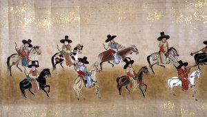 Sechste koreanische Gesandtschaft nach Japan in Meireki 1 zur Zeit der Nachfolge von Tokugawa Ietsuna im Jahr 1651, möglicherweise von Kano Masunobu (1625-94) (Rollbild) von Japanese School