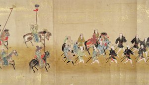 Sechste koreanische Gesandtschaft nach Japan in Meireki 1 zur Zeit der Nachfolge von Tokugawa Ietsuna im Jahr 1651, möglicherweise von Kano Masunobu (1625-94) (Rollbild) (Detail) von Japanese School