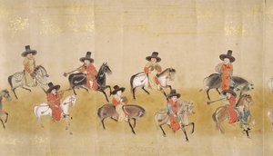 Sechste koreanische Gesandtschaft nach Japan in Meireki 1 zur Zeit der Nachfolge von Tokugawa Ietsuna im Jahr 1651, möglicherweise von Kano Masunobu (1625-94) (Rollbild) (Detail) von Japanese School
