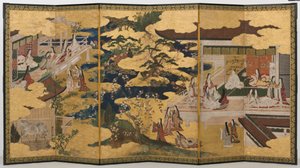 Frühling im Palast, sechsteilige Leinwand aus der Geschichte von Genji, ca. 1650 von Japanese School