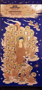 Der Amida Buddha steigt vom Himmel herab, es ist der japanische Name des Amitabha Buddha. Gemälde der Yamato-Schule - E des 16. Jahrhunderts. Genua, Museo Chiossone