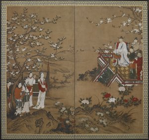 Der chinesische Kaiser Ming Huang und seine Konkubine Yang Kuei-fei spielen und singen, um die Blumen zum Blühen zu bringen, Edo-Periode