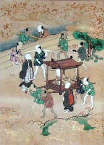 Der Mönch Shogaku (1126-1235) reist in einem Koshi