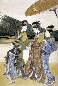 Drei Frauen und Kinder, japanischer Druck