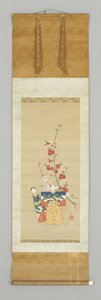 Zwei japanische Puppen und ein blühender Zweig (spätes 18. Jahrhundert)