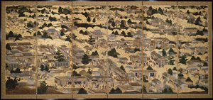 Ansichten in und um Kyoto (Rakuchu rakugai zu), ca. 1616-24 (Tinte, Farbe & Goldblatt auf Papier)