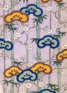 Farbholzschnitt von Bambus und Kirschblüten