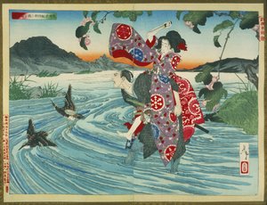 Der Dämon Omatsu ermordet Shirosaburō in der Furt