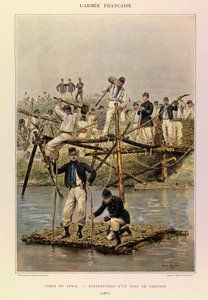 Typen und Uniformen der französischen Armee von Hauptmann Jules Richard, illustriert von Edouard Detaille: Pionierkorps; Bau einer Faschinenbrücke 1887, Private Sammlung von Jean Baptiste Edouard Detaille